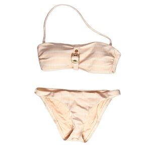 BCBG Size Small 2 Piece Bikini Nude and White Striped Halter Neck Padded Top NWT